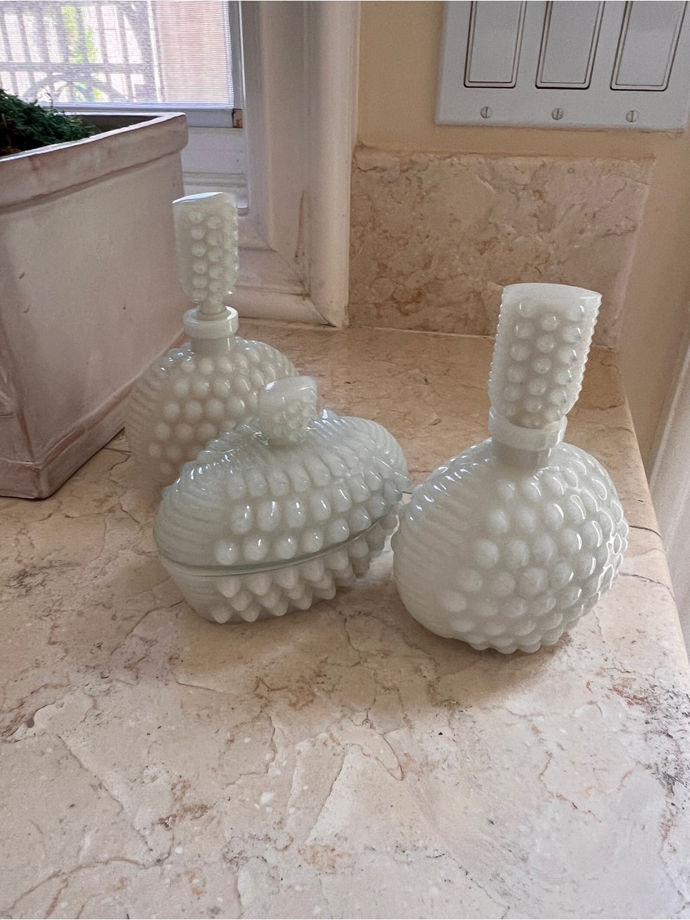 Vintage Irice Italian Milk Glass Hobnail Vanity Set – 3 Piece